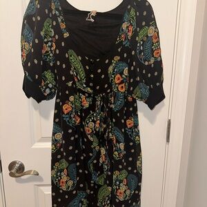 Maeve Black Dress with Colorful Skull and Floral Design